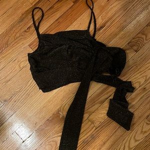 Reformation Black and Gold Sparkle Crop Wrap Top